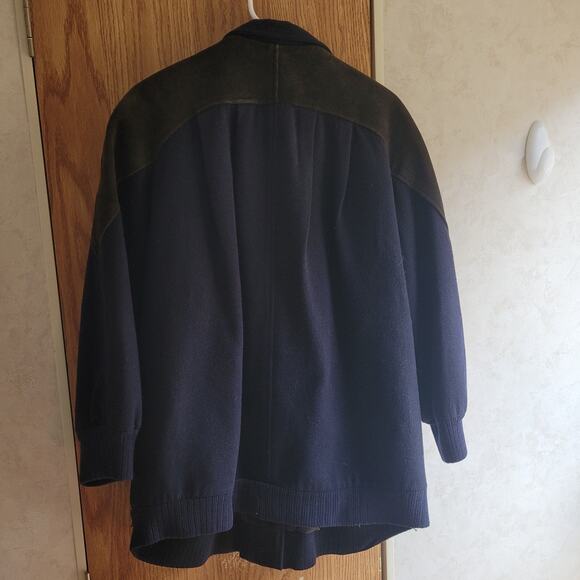 Vntg Othello Pelle Korea Wool Leather Trim Coat M Navy Black Old Money Heritage - Picture 6 of 11